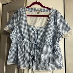 bagatelle Light Blue Gingham Lace-Trim Peplum Tie-Front Blouse